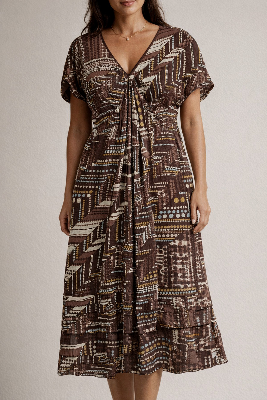J. Jill Pure Silk Geometric Midi Dress Brown Blue Short Sleeve V‑Neck Size 12